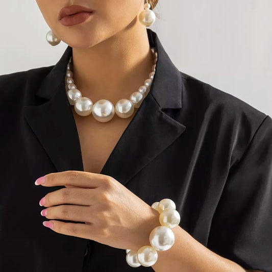 Exaggerated Pearl Bracelet Necklace Earrings Set