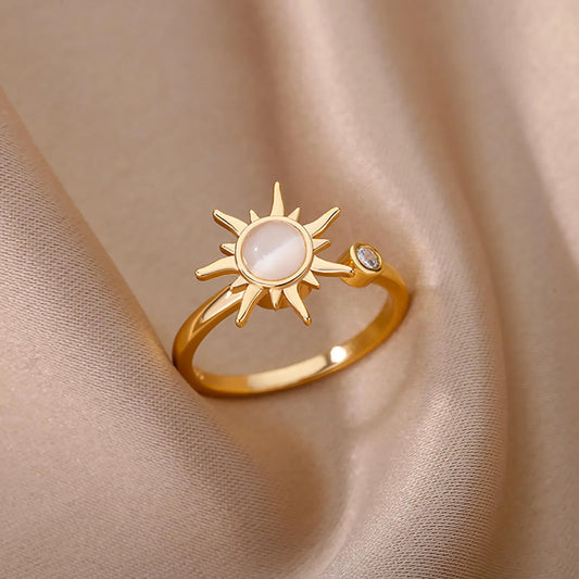 Rotating Sun Opal Stainless Steel Ring