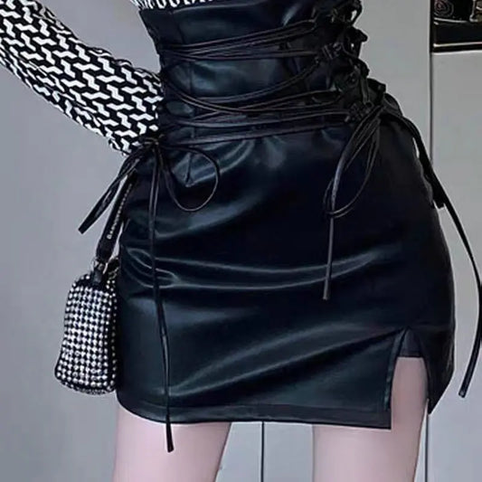 Gothic Leather Lace Up Pencil Skirt