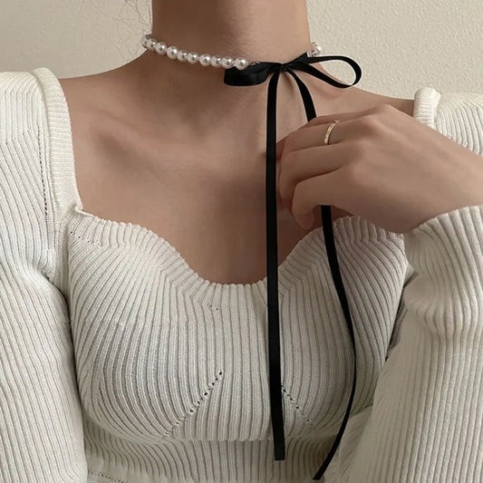 Pearl Beaded Long Ribbon Bow-knot Choker